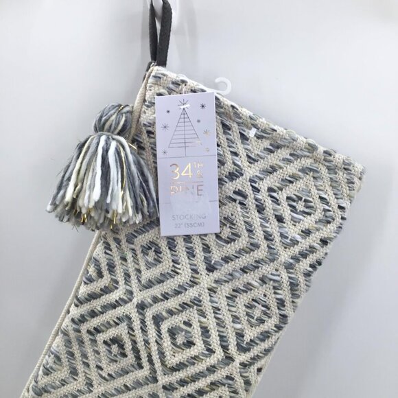 34th & Pine Woven Christmas Stocking Large Tassel Gold Cream Blue Yarn Winter - Picture 2 of 10